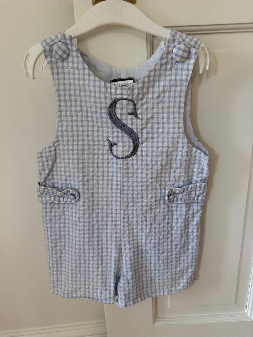 Light Blue Gingham Seersucker Jon Jon  with Embroidered Monogram
